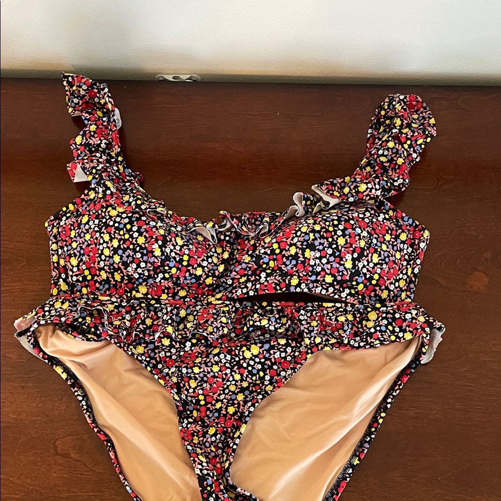 J Crew Floral Ruffle Two-Piece Swim Set - Black/Red Multi